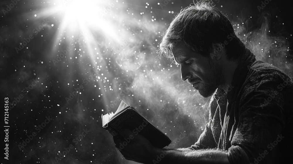 Wall mural a man is reading the bible, while a light shines on him, a black and white picture - Wall murals