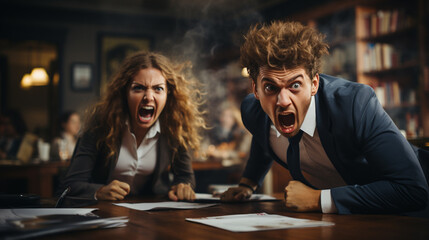 Business director woman and man angry yelling at their subordinates - obrazy, fototapety, plakaty