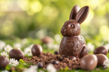 Fototapeta na wymiar Ornate Chocolate Bunny in a Bed of Spring Blossoms. Generative AI.