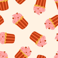 Cupcake with cream vector seamless pattern. Muffin with hearts texture. Romantic Valentine's day dessert background