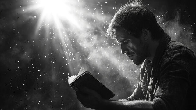 A man is reading the Bible, while a light shines on him, a black and white picture
