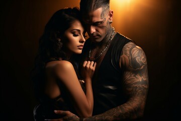 Tattooed embracing couple