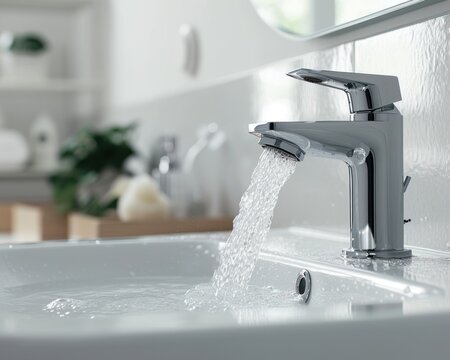 Water flows from a bathroom sink faucet, clean water access photo