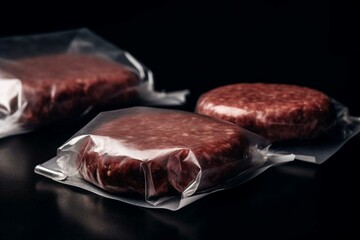 Vacuum-sealed beef patties on a black table. Generative AI
