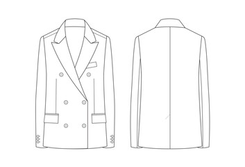 Vector fashion technical drawing of a double breasted blazer with front and back view. Six buttons. Peak lapel. Two side flap pockets and a breast pocket. Single vent. Woven fabric.