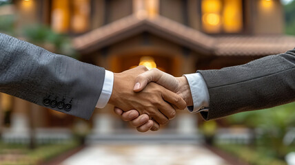residential house businessman banker shake hand with customer after successful agreement and signing house contract, real estate concept ,generative ai.