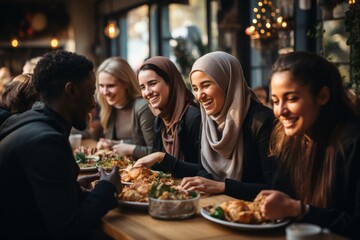 Employees of various nationalities sharing a breakroom meal, uniting through the joy of food and conversation, Generative AI - obrazy, fototapety, plakaty
