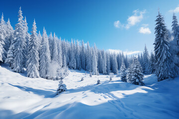 Fototapeta na wymiar a snowy mountain with several pine trees on it, light azure, traditional, bright backgrounds, cold and detached atmosphere, white and azure