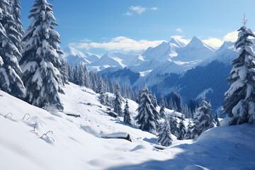 a snowy mountain with several pine trees on it, light azure, traditional, bright backgrounds, cold and detached atmosphere, white and azure


