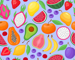 Bright tropical seamless pattern. Different exotic fruits on a blue background. Papaya, dragon fruit, bananas, avocado, mango, orange, watermelon, lemon, berries, strawberries, guava.
