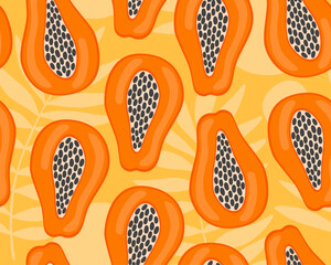 Bright tropical seamless pattern. Bright orange papaya on a yellow background. Papaya and palm leaves. Exotic fruits. - obrazy, fototapety, plakaty