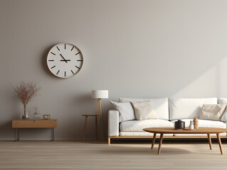 Living room with furniture and big wall clock