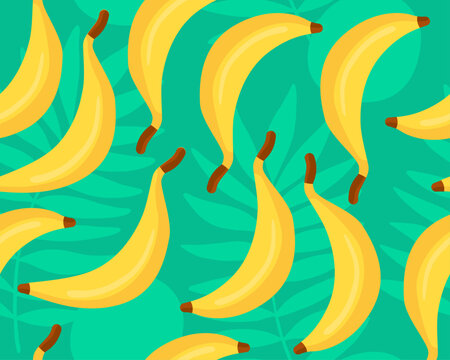Bright tropical seamless pattern. Yellow bananas on a green background. Bananas and palm leaves. 
