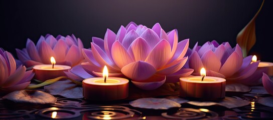 light & Candle lotus flowers and candles on a purple background