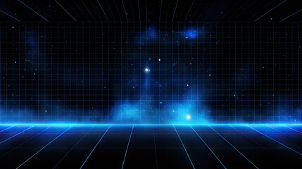  blue grid background with spaceship images and stars,A blue neon grid background with stars and a grid is a vibrant digital design perfect for futuristic or technology-themed projects,  wireframe net