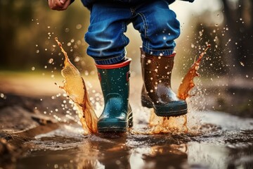 Children's feet in rubber boots splash puddles. A child runs through a puddle. Without a face. Childish mischief, prank,