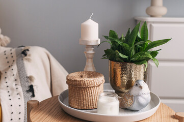 cozy spring home details. House plant, candle and decorations composition on coffee table with chair on background.