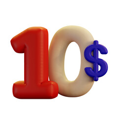 3d render icon of 10 dollar price symbol in red white blue colors. Transparent background