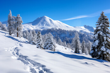 Fototapeta na wymiar a snowy mountain with several pine trees on it, light azure, traditional, bright backgrounds, cold and detached atmosphere, white and azure