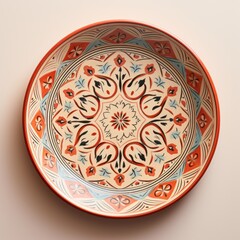 Decorative Moroccan ceramic hand painted plate, handmade, isolated, closeup top view.