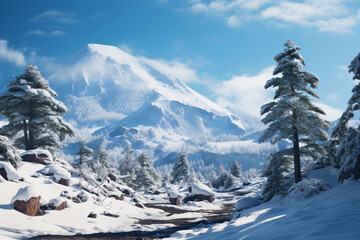 a snowy mountain with several pine trees on it, light azure, traditional, bright backgrounds, cold and detached atmosphere, white and azure



