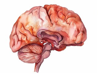 Brain side view from inner side of hemisphere, water color drawing. Anatomical realistic style image isolated on white background. AI generated.