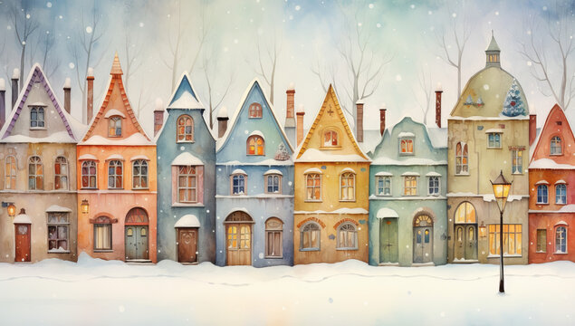 Illustration Quaint Yuletide Charm: Row of Cute Christmas Houses in a Vintage-Style Winter Scene. A picturesque row of houses with charming Christmas trees in the background.