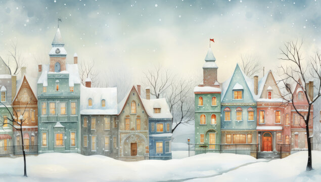 Illustration Quaint Yuletide Charm: Row of Cute Christmas Houses in a Vintage-Style Winter Scene. A picturesque row of houses with charming Christmas trees in the background.