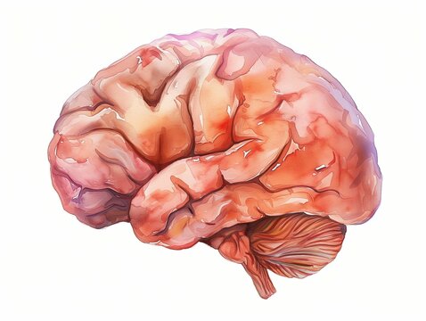 Brain side view water color drawing. Anatomical realistic style image isolated on white background. AI generated.
