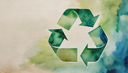 Recycle symbol acrylic and watercolor painting. Canvas background, Copy space on a side