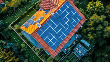 top view Solar panels on roof top of house with beautiful landscape,generative ai