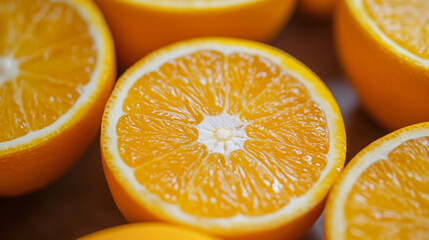 Macro shot of a freshly sliced orange, highlighting the juicy segments and vibrant orange color.