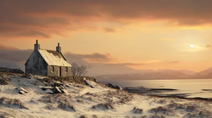 Deurstickers Cottage Church in the fog at sunrise. Winter snow scene. lonely house at dawn, A cabin in the snow in the Scottish mountains © MD Media