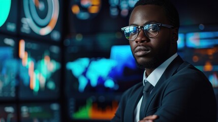Image of a confident African American financial analyst with charts and graphs as part of the professional backdrop
