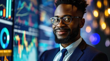 Image of a confident African American financial analyst with charts and graphs as part of the professional backdrop
