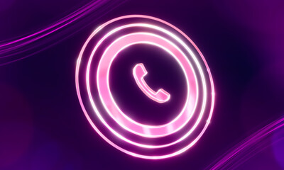 Glowing glass phone call symbol on dark purple background, 3d render.