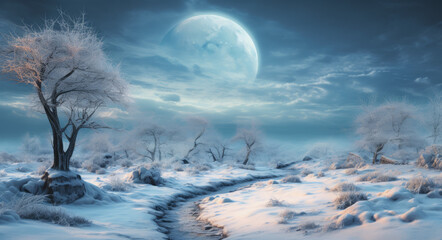 Abstract trees in the snow covered landscape by moonlight, surrealistic moon fantasy landscapes. Alone determined concept.