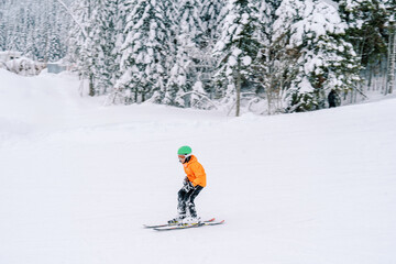 Child in orange ski equipment skis on a snowy slope