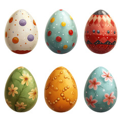 Set of six colourful painted easter eggs in watercolour style isolated on a transparent background