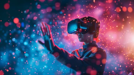 Surprised teen woman use vr glasses with digital light background. Virtual gadgets for entertainment, work, free time and study. Virtual reality metaverse technology concept.