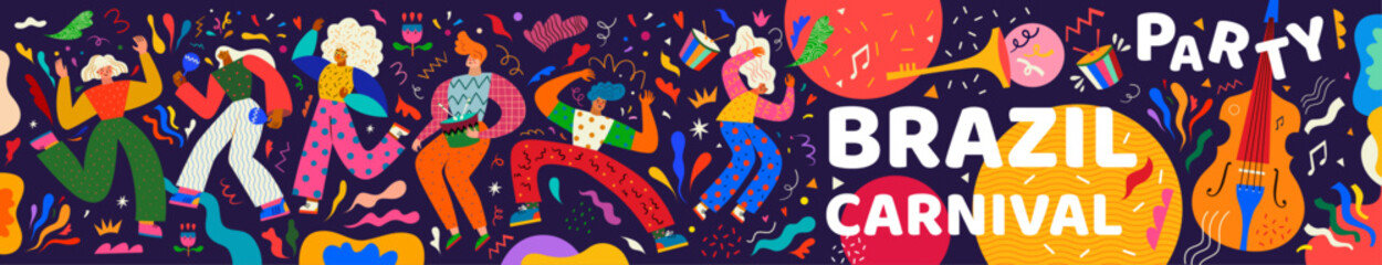 Carnival party. Carnival collection of colorful cards. Design for Brazil Carnival with dancing people. Decorative abstract illustration with colorful doodles. Music festival illustration - 712148507