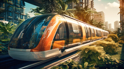 A moving high-speed electric train symbolizes progress and technological achievements. EcoMotion: ushering in a futuristic revolution in green transport. - obrazy, fototapety, plakaty