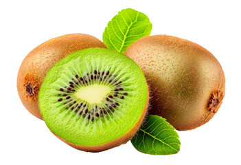 kiwi whole and cross section with leaves isolated on white or transparent background