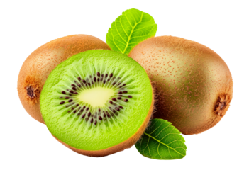 kiwi whole and cross section with leaves isolated on white or transparent background