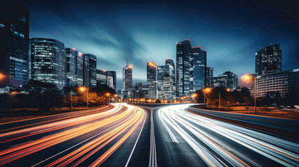 Nighttime City Skyline With Long Exposure, Blurred Lights, Selective Focus