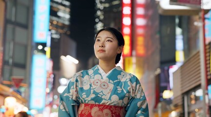 Thinking, night and Japanese woman with decision, travel and traditional clothes with wonder, relax...