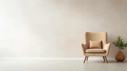a Khaki chair in front of a white wall