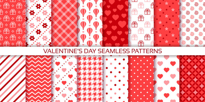 Valentine's day seamless pattern. Red background. Love textures with heart, polka dot, gifts and flowers. Set cute prints. Retro romantic wrapping papers. Holiday romance backdrop. Vector illustration