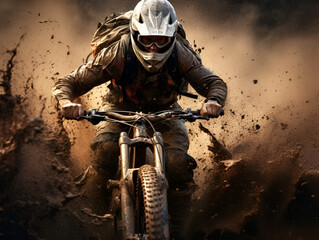 Naklejka premium A man on a mountain bike riding and splashing mud