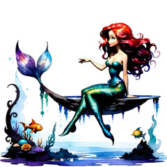 Mermaids are fascinating creatures from folklore, often depicted as having a magical allure. One particular mermaid character stands out as being exceptionally adorable. With her vibrant blue tail ado - obrazy, fototapety, plakaty